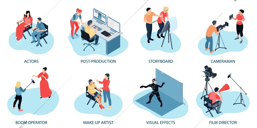 Isometric cinema production compositions set with editable text captions and scenes of collaborating shooting crew members vector illustration