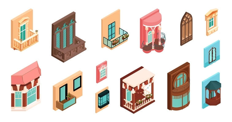 Isometric windows balconies house facade set with isolated icons of various architectural solutions on blank background vector illustration