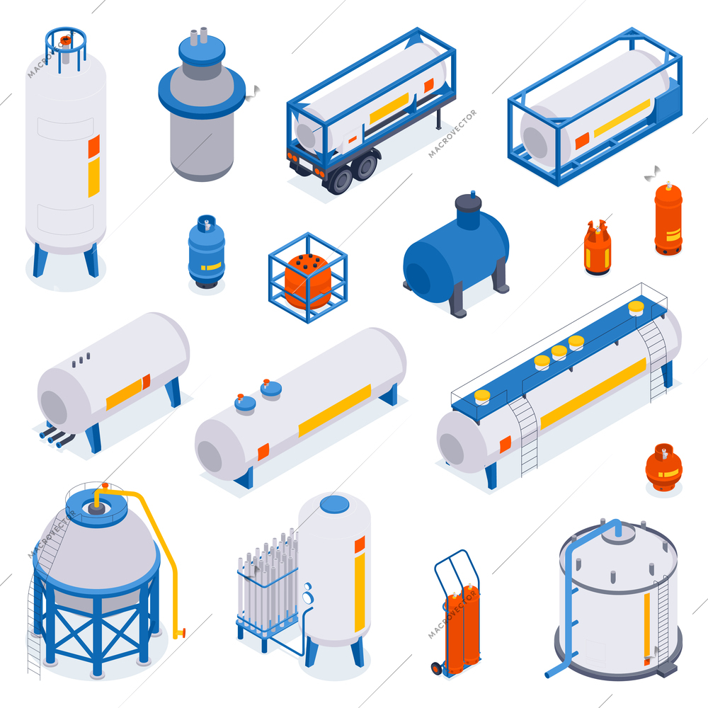 Isometric storage for compressed gas set of isolated icons with cisterns tanks and pumps with valves vector illustration