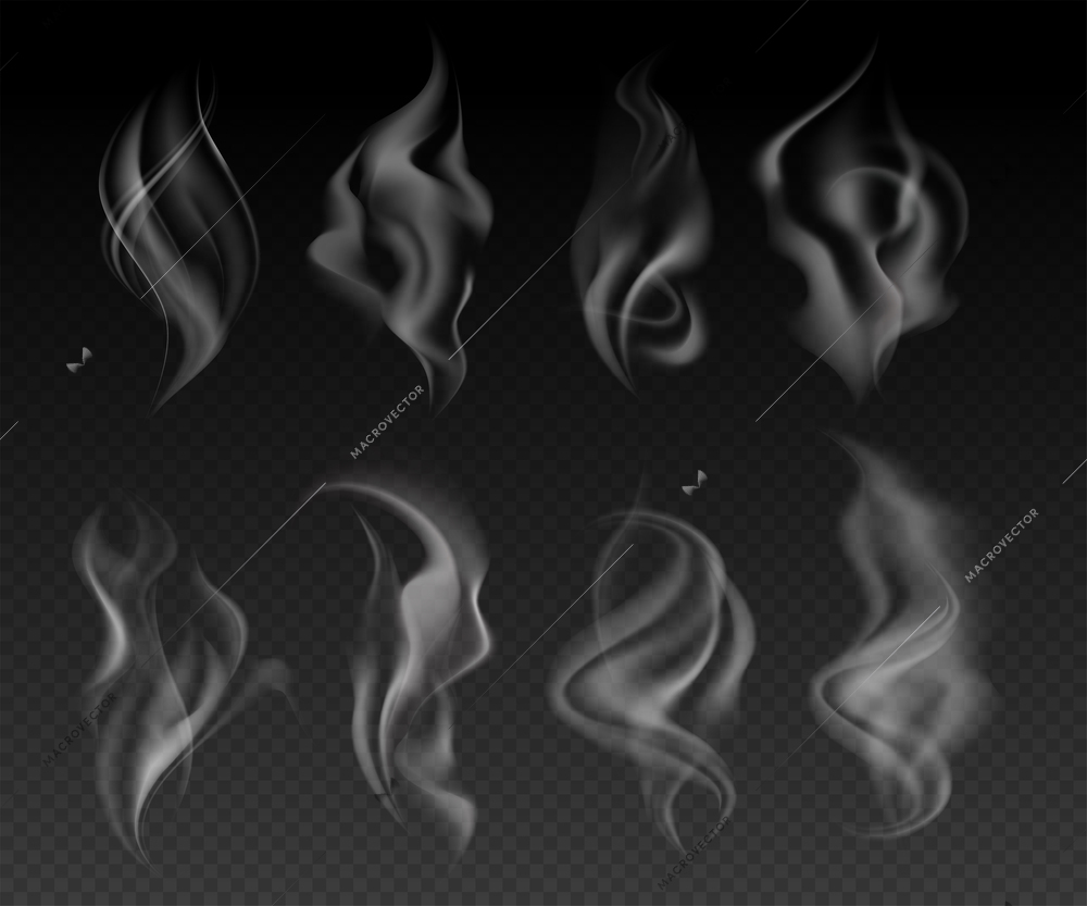 Delicate grey cigarette realistic smoke waves on dark transparent background isolated vector illustration