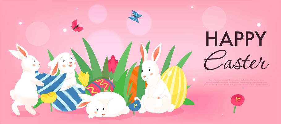 Rabbit easter horizontal background with composition of ornate text and bunnies with grass eggs and butterflies vector illustration
