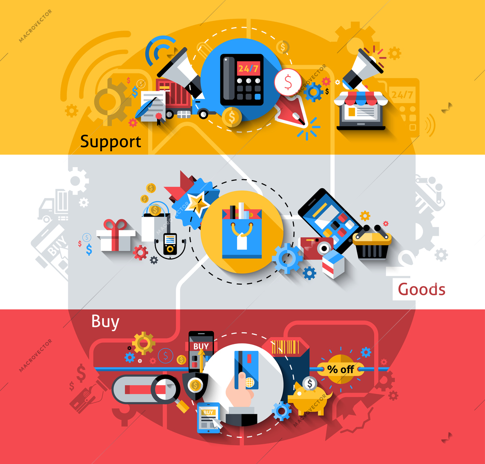 E-commerce horizontal banners set with support goods buying elements isolated vector illustration