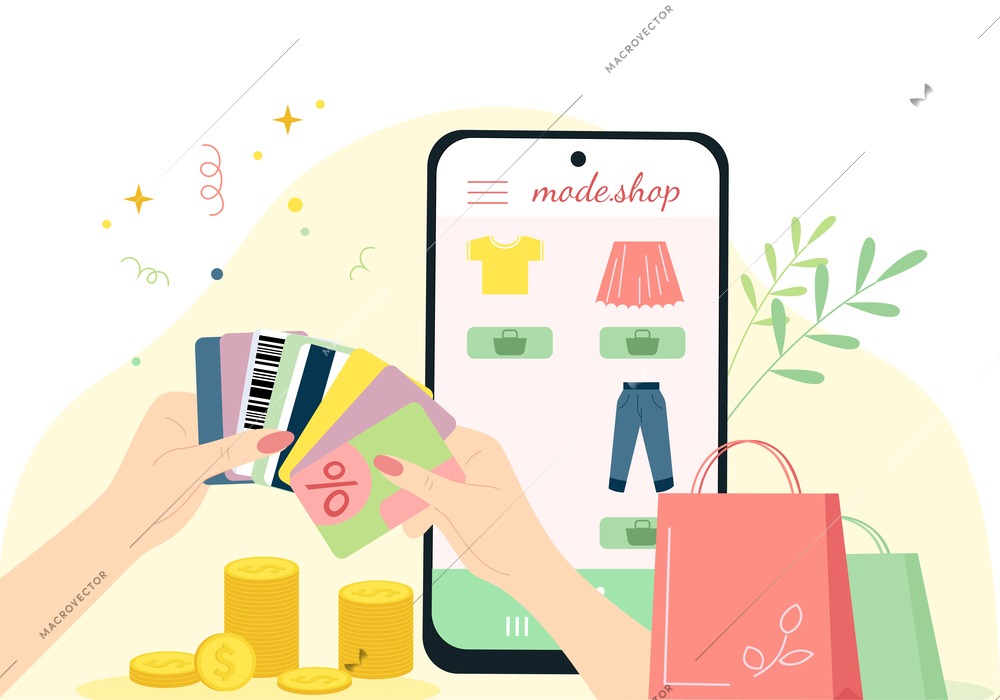 Hands with money flat composition with female hands holding discount cards coin stacks smartphone shopping bags vector illustration