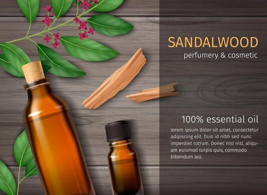 Sandalwood AD background with  fragrant chips perfume oil vials and plant twigs on wooden texture realistic vector illustration