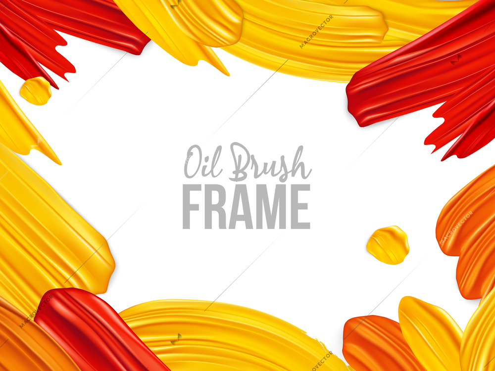 Realistic brush strokes background with empty space editable ornate text orange red yellow touches and dashes vector illustration