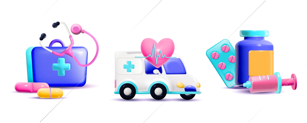 3d cartoon medicine set of isolated compositions with first aid kit ambulance van and medication supplies vector illustration