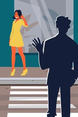 Flat call me phone composition pretty woman in yellow says goodbye to her new boyfriend and gestures for him to call her back vector illustration