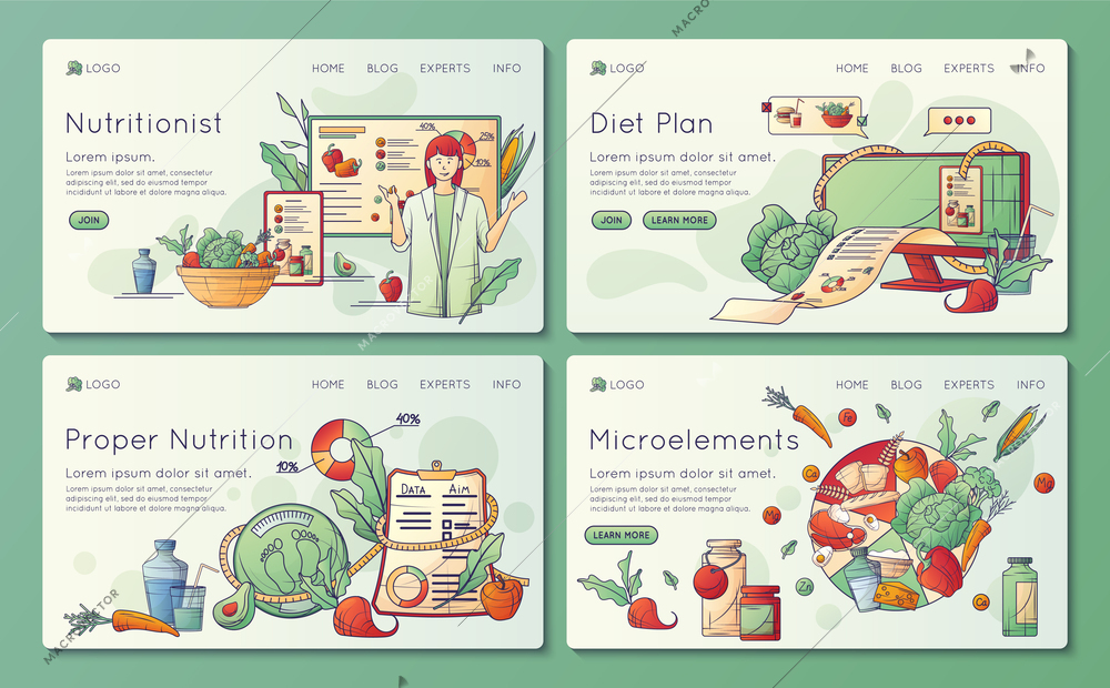 Nutritionist dietitian dietologist web banner landing pages set with clickable text links and doodle style images vector illustration