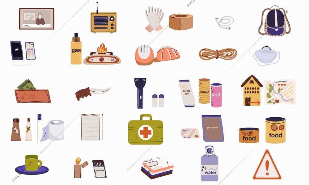 Disaster prevention flat set with isolated icons of medical supplies aid with household and warning signs vector illustration