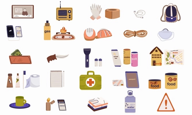 Disaster prevention flat set with isolated icons of medical supplies aid with household and warning signs vector illustration