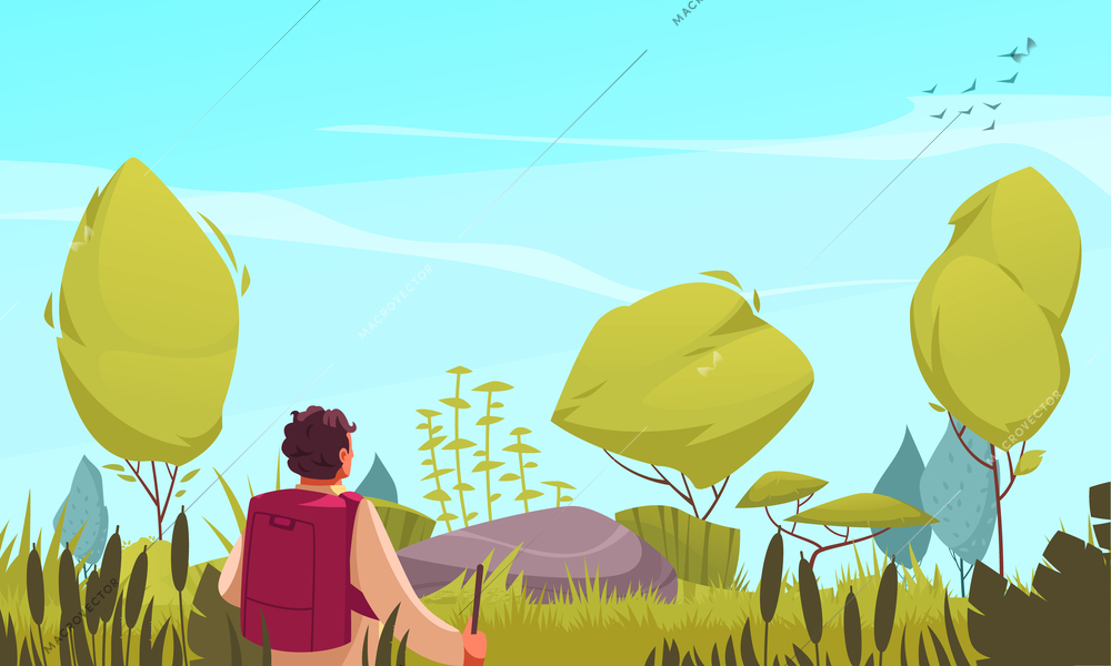 Ecosystem cartoon concept with male explorer looking on nature scenery vector illustration