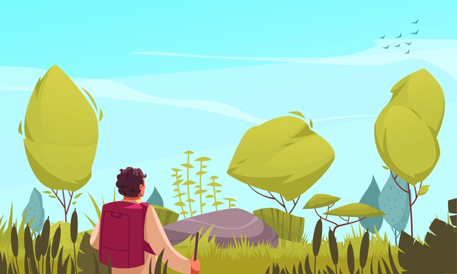 Ecosystem cartoon concept with male explorer looking on nature scenery vector illustration