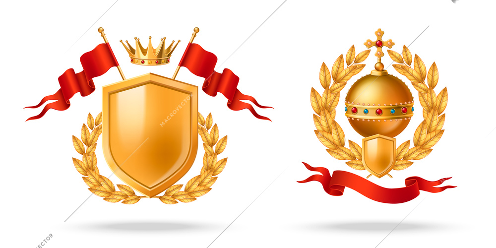 Royal heraldry realistic concept set with golden shield and orb isolated vector illustration