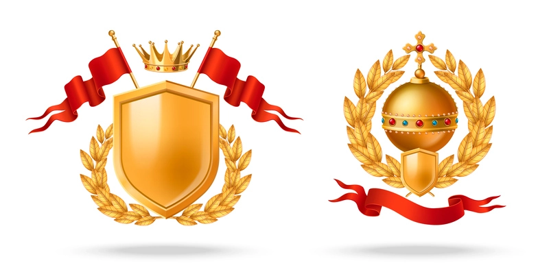 Royal heraldry realistic concept set with golden shield and orb isolated vector illustration