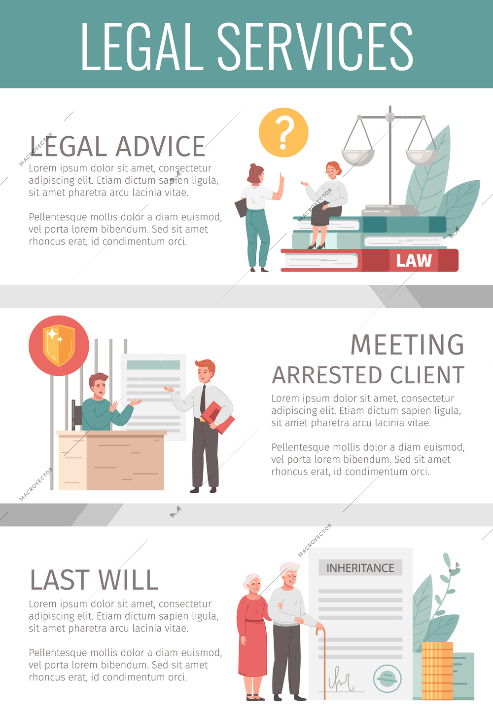 Lawyer cartoon infographics with legal services symbols vector illustration