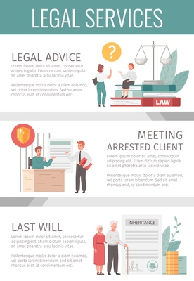 Lawyer cartoon infographics with legal services symbols vector illustration