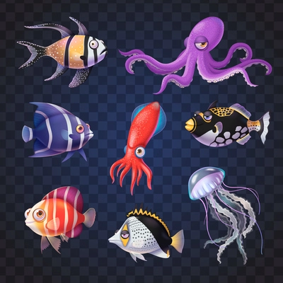 Underwater life cartoon icons set with fish jellyfish and octopus on transparent background isolated vector illustration