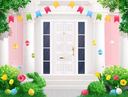 Colored traditional house front concept beautiful house with pink walls and white door and decorated courtyard in honor of easter vector illustration