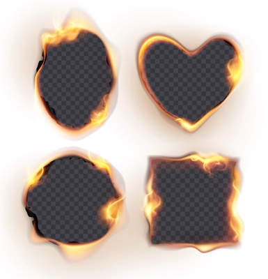Burned paper realistic isolated icon set burnt sheets in the shape of heart oval round and square vector illustration