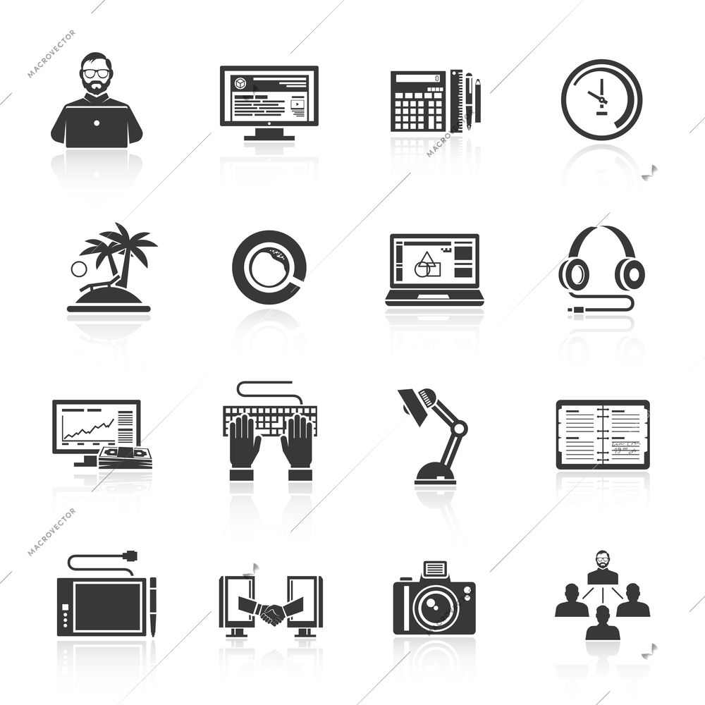Freelance icon set with clock business plan report notebook black isolated vector illustration