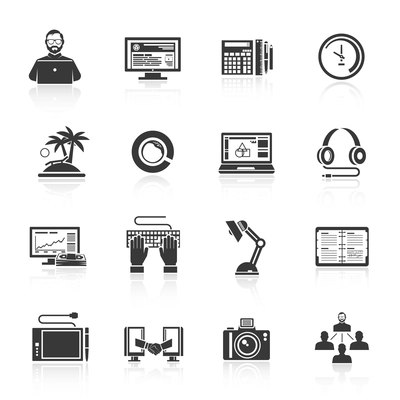 Freelance icon set with clock business plan report notebook black isolated vector illustration