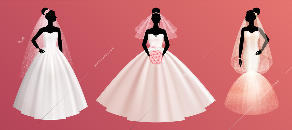 Bride wedding dress realistic colored icon set different styles of three dresses worn on mannequins on pink background vector illustration