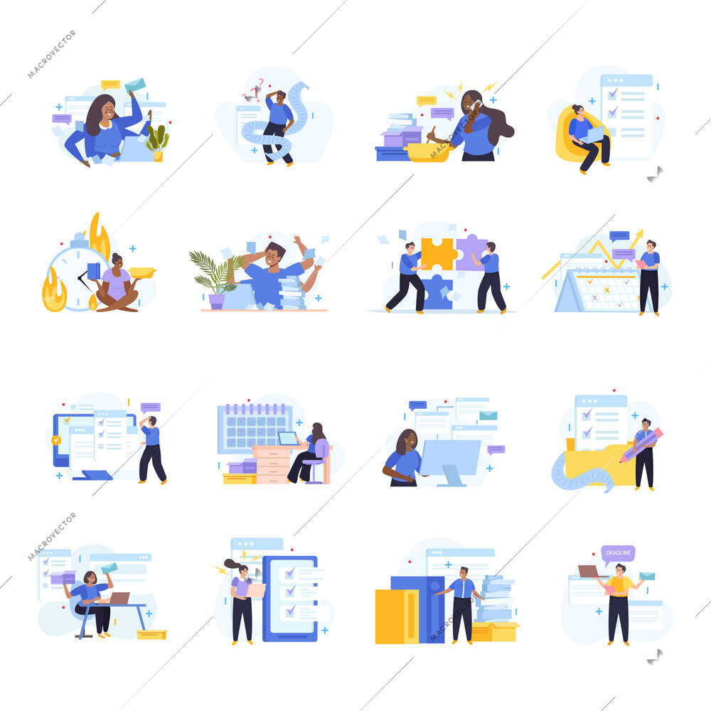 Multitasking people flat icons with multi armed characters tired from overtime work isolated vector illustration