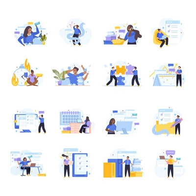 Multitasking people flat icons with multi armed characters tired from overtime work isolated vector illustration