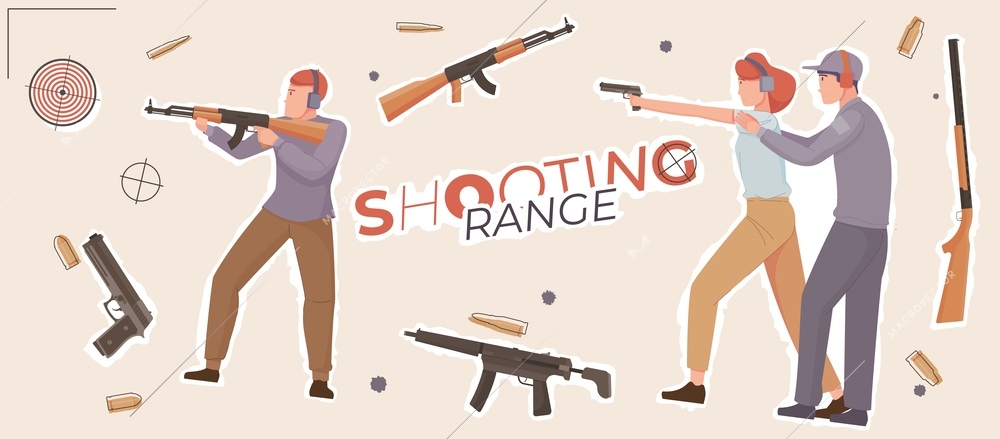 Shooting range composition with collage of flat isolated icons of guns pistols with shooters gunnery instructors vector illustration