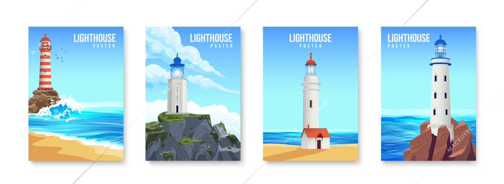 Lighthouse poster set with four isolated vertical backgrounds beach sea and cliff landscapes with tower buildings vector illustration