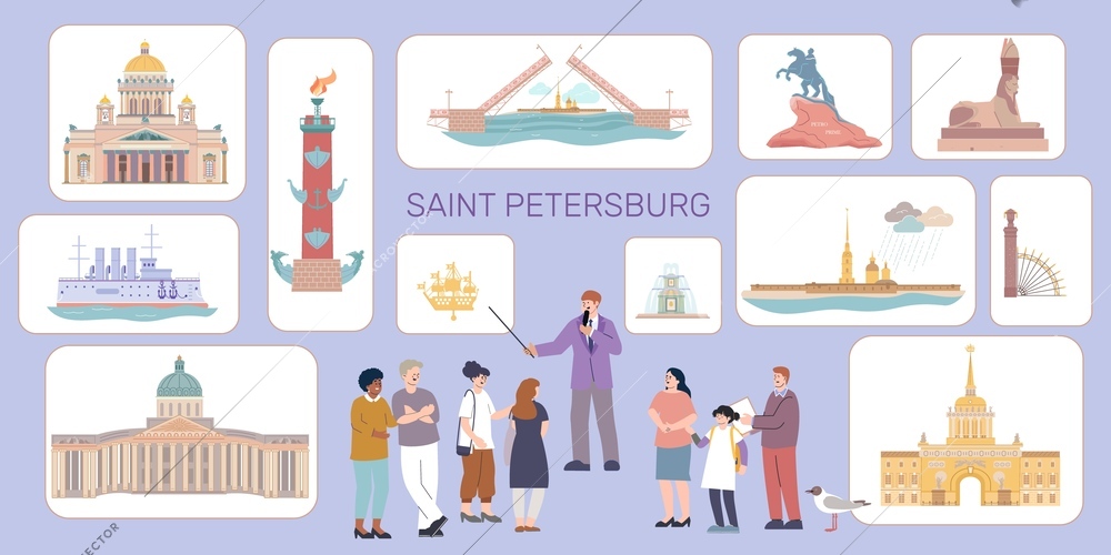 Saint petersburg flat infographic composition with group of tourists guide and icons of famous sightseeing landmarks vector illustration