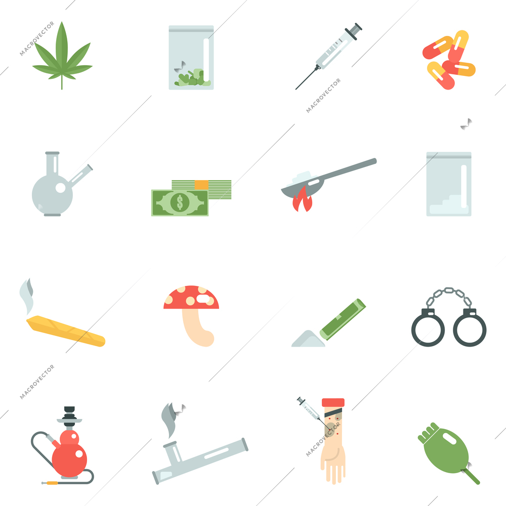 Drug addiction icons flat set with pills mushroom syringe isolated vector illustration