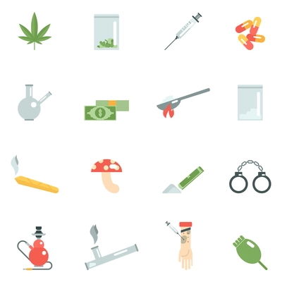 Drug addiction icons flat set with pills mushroom syringe isolated vector illustration