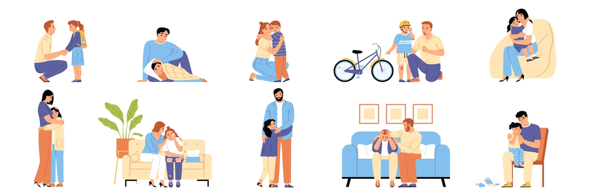 Parents support hugging crying children set with isolated compositions of icons adult human characters and kids vector illustration