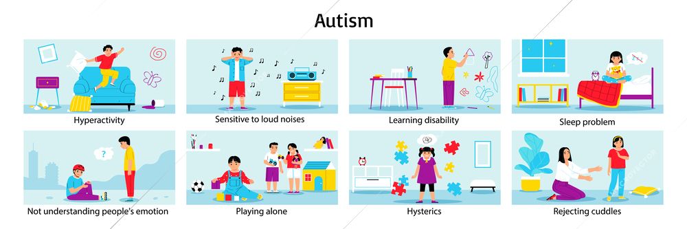 Autism color set of eight horizontal compositions with characters of children playing alone having learning disabilities vector illustration