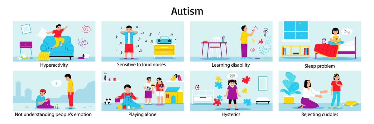 Autism color set of eight horizontal compositions with characters of children playing alone having learning disabilities vector illustration