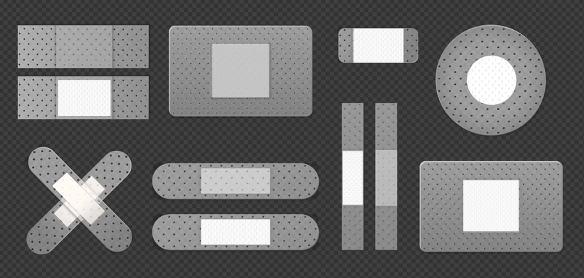 Realistic medical bandages set with transparent background and monochrome images of plasters with different shapes sides vector illustration