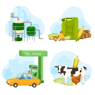 Biofuel production set with biogas symbols flat isolated vector illustration