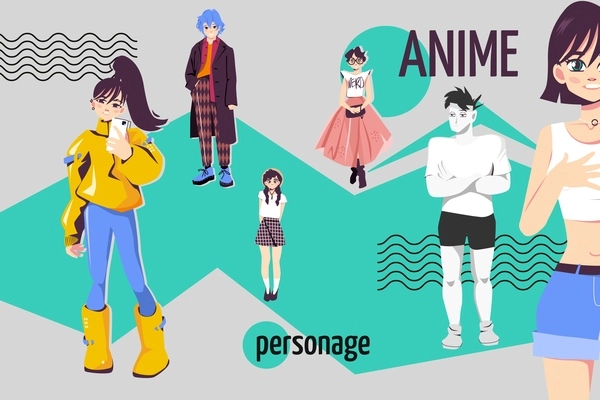 Anime people flat collage with female and male asian teen characters vector illustration