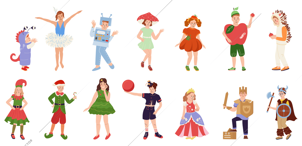Kids wearing costumes of fairytale characters flat icons set with princess knight apple robot monster isolated vector illustration