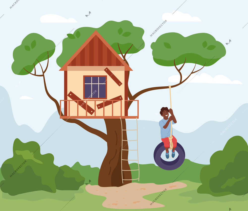 Happy boy swinging on tyre swing near tree house flat vector illustration