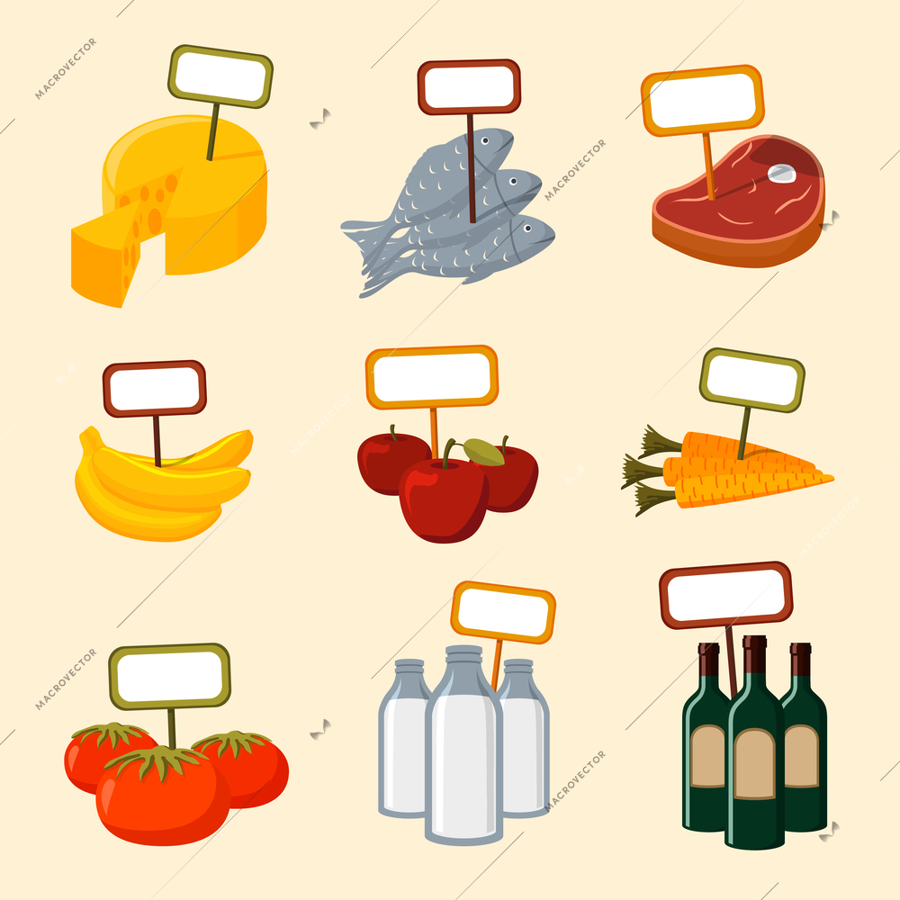 Supermarket foods items of meat fish fruits vegetables and drinks with blank signs isolated vector illustration