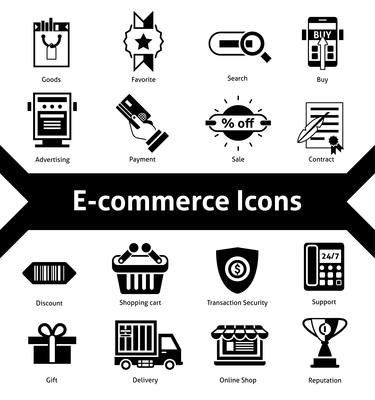 E-commerce icons black set with advertising payment transaction security isolated vector illustration