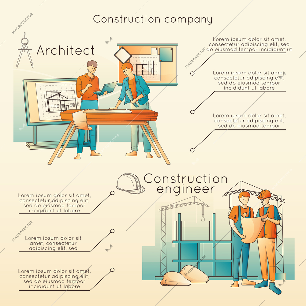 Construction company flat infographic poster with editable text architects and engineers at work vector illustration