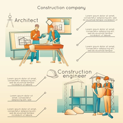 Construction company flat infographic poster with editable text architects and engineers at work vector illustration