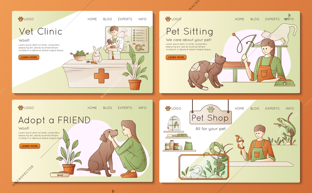 People with pets flat horizontal website banners set for vet clinic shelter shop sitting service isolated vector illustration