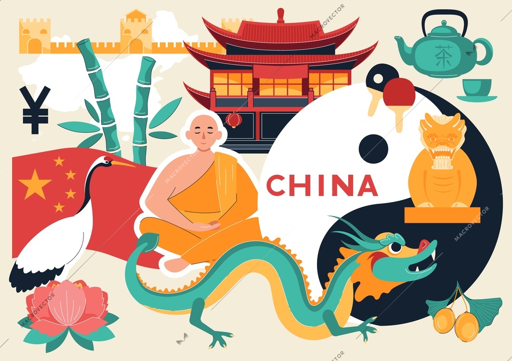 China symbol flat composition with collage of flora buddhist monk ancient architecture dragon and pingpong rackets vector illustration