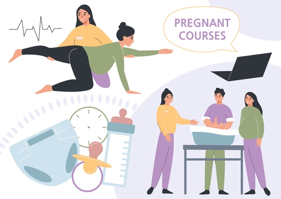 Pregnant courses collage with training symbols flat  vector illustration