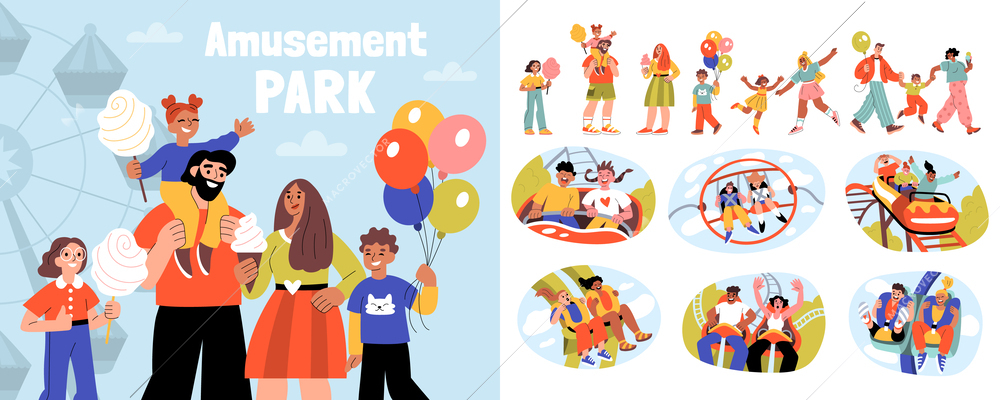 Amusement park flat composition with cartoon style characters of family members having good time taking rides vector illustration