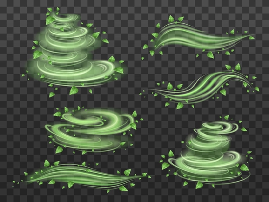 Wind swirls transparent set with vortex and whirl realistic isolated vector illustration